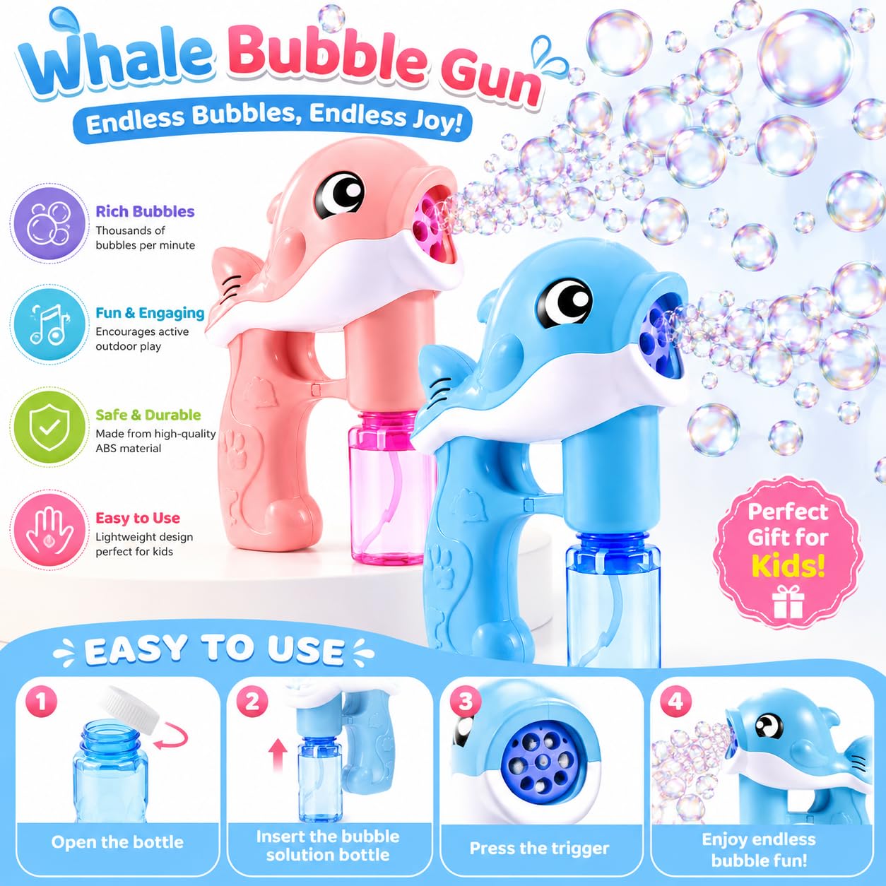 Whale Bubble Gun for Kids – Automatic Bubble Blaster with Lights & Music, Party & Outdoor Toy Gift