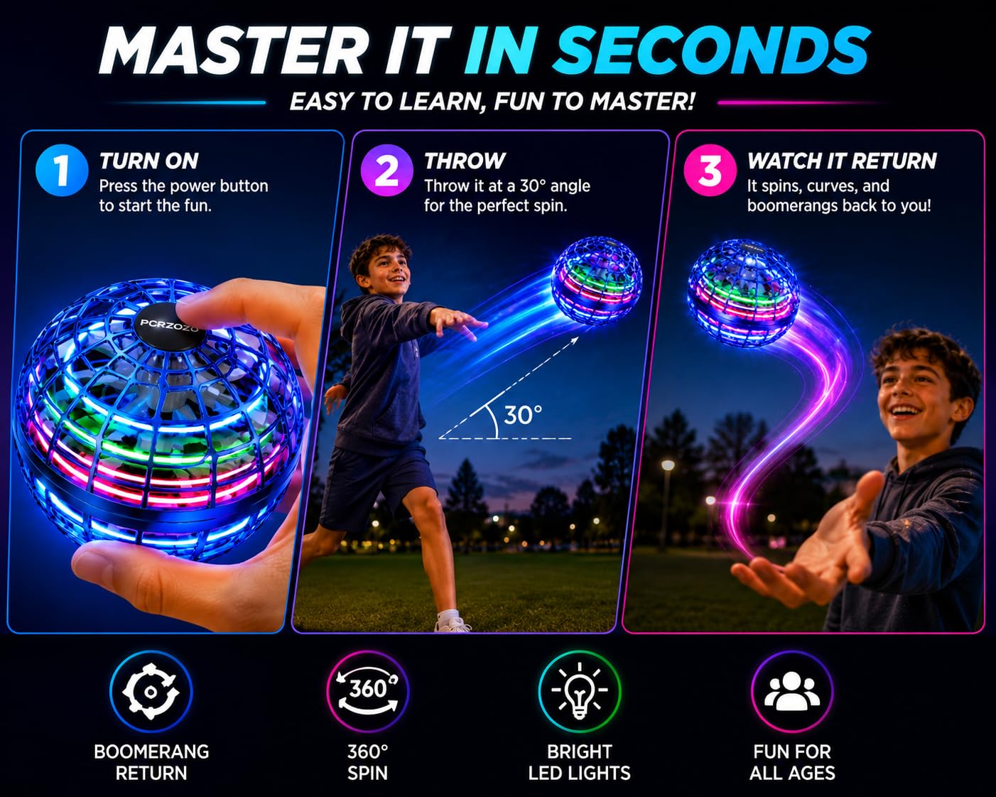 LED Flying Boomerang Ball – Rechargeable Hand-Controlled Hover Spinner Toy for Kids & Adults