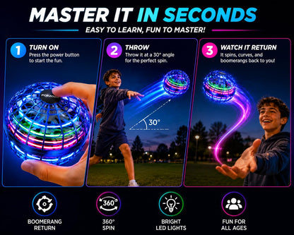 LED Flying Boomerang Ball – Rechargeable Hand-Controlled Hover Spinner Toy for Kids & Adults