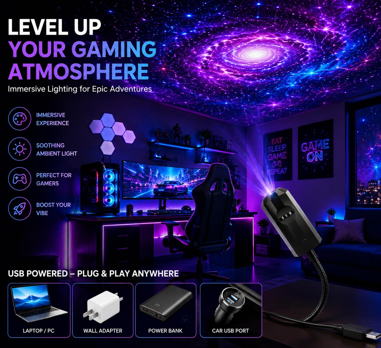 Galaxy Star Projector Night Light – 7 Films, 360° USB LED Lamp