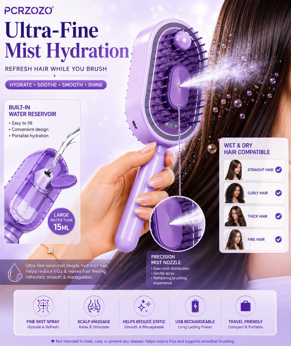Electric Spray Hair Brush | Detangling & Scalp Massager – Rechargeable, Anti-Static