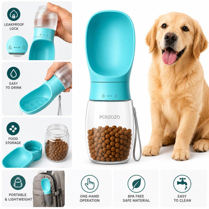 2-in-1 Portable Dog Water Bottle & Treat Dispenser, 500ml Leakproof Travel Bottle for Dogs & Cats
