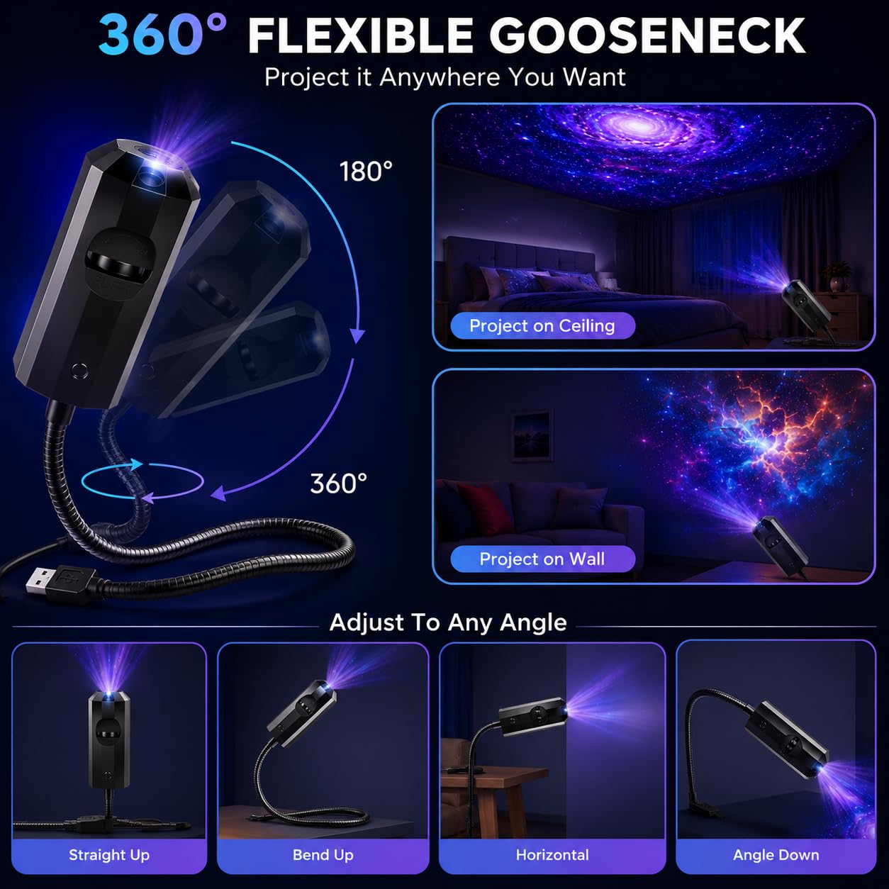 Galaxy Star Projector Night Light – 7 Films, 360° USB LED Lamp