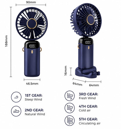 Portable Turbo Fan 4000mAh Rechargeable Mini Fan – 5 Speed Personal Cooling Fan for Travel, Office & Outdoor Use