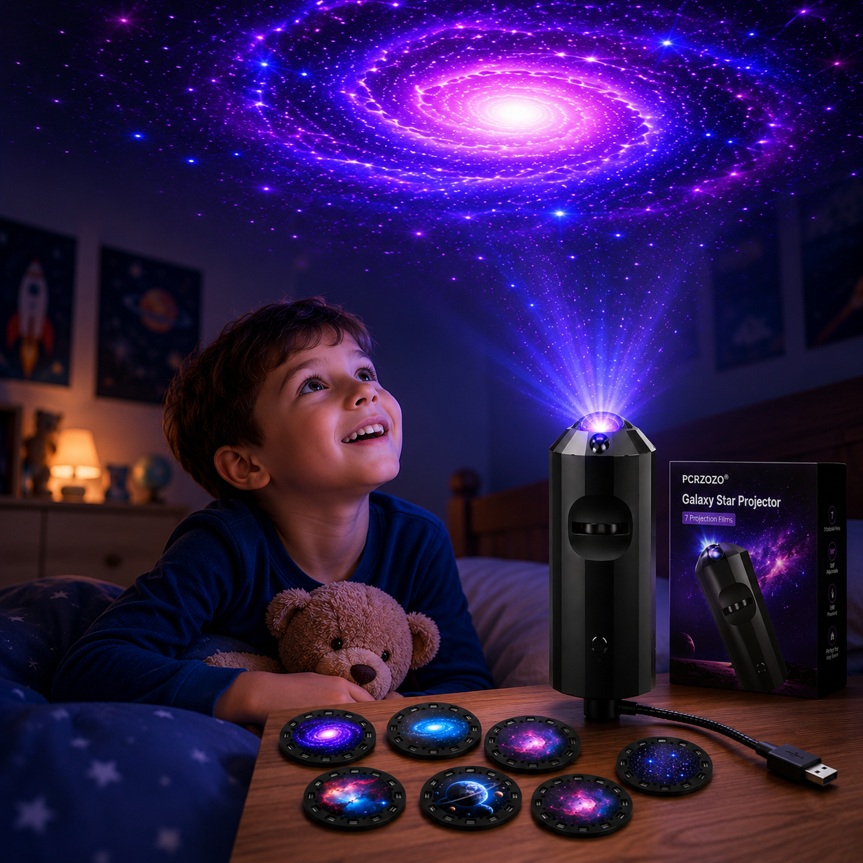 Galaxy Star Projector Night Light – 7 Films, 360° USB LED Lamp